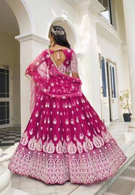 DARK PINK NET FABRIC LEHENGA CHOLI WITH SEQUINS AND THREAD EMBROIDERY WORK 4