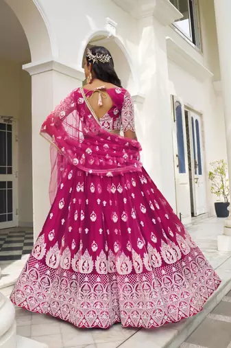 DARK PINK NET FABRIC LEHENGA CHOLI WITH SEQUINS AND THREAD EMBROIDERY WORK