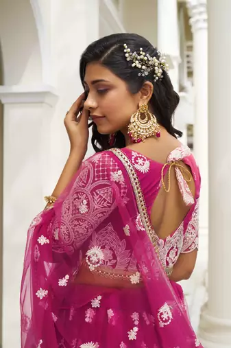 DARK PINK NET FABRIC LEHENGA CHOLI WITH SEQUINS AND THREAD EMBROIDERY WORK