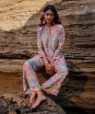 Pink muslin silk printed co-ords set 1