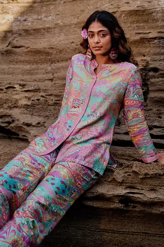 Pink muslin silk printed co-ords set