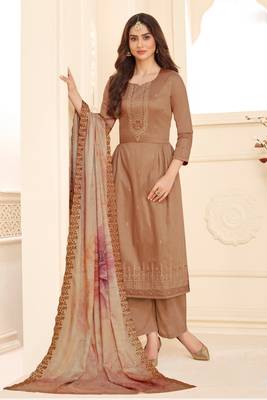 Brown Embroidered Art Silk  Straight Suit Free size full stitched Up To 42" Size 1