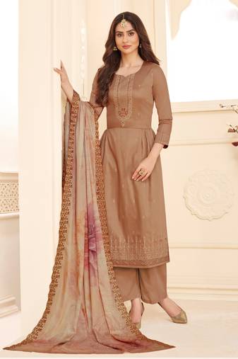 Brown Embroidered Art Silk  Straight Suit Free size full stitched Up To 42" Size