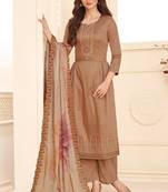 Brown Embroidered Art Silk  Straight Suit Free size full stitched Up To 42" Size