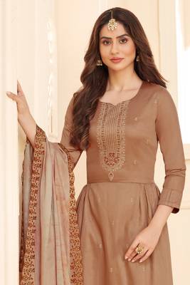 Brown Embroidered Art Silk  Straight Suit Free size full stitched Up To 42" Size 2