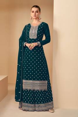 Teal Blue Embroidered Georgette Semi Stitched Straight Suit Up To 42" Size 1