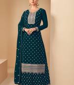 Teal Blue Embroidered Georgette Semi Stitched Straight Suit Up To 42" Size
