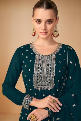 Teal Blue Embroidered Georgette Semi Stitched Straight Suit Up To 42" Size 2