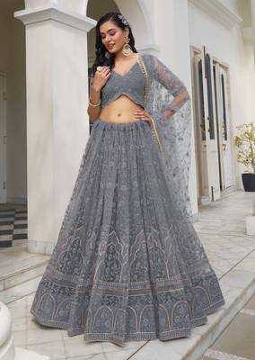 LIGHT Grey NET FABRIC LEHENGA CHOLI WITH SEQUINS AND THREAD EMBROIDERY WORK 1