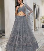 LIGHT Grey NET FABRIC LEHENGA CHOLI WITH SEQUINS AND THREAD EMBROIDERY WORK