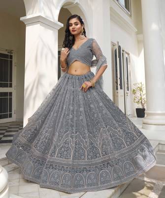LIGHT Grey NET FABRIC LEHENGA CHOLI WITH SEQUINS AND THREAD EMBROIDERY WORK 3