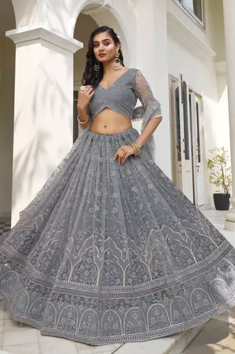 LIGHT Grey NET FABRIC LEHENGA CHOLI WITH SEQUINS AND THREAD EMBROIDERY WORK