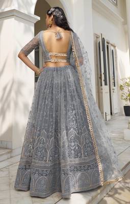LIGHT Grey NET FABRIC LEHENGA CHOLI WITH SEQUINS AND THREAD EMBROIDERY WORK 4