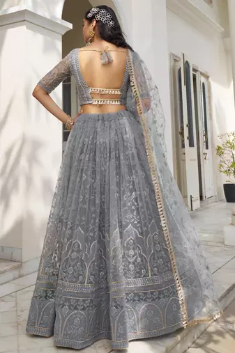 LIGHT Grey NET FABRIC LEHENGA CHOLI WITH SEQUINS AND THREAD EMBROIDERY WORK