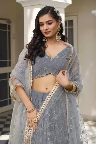 LIGHT Grey NET FABRIC LEHENGA CHOLI WITH SEQUINS AND THREAD EMBROIDERY WORK