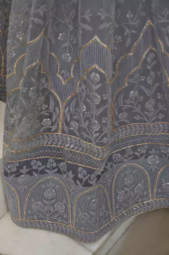 LIGHT Grey NET FABRIC LEHENGA CHOLI WITH SEQUINS AND THREAD EMBROIDERY WORK