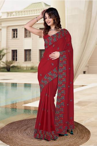  Vichitra Silk Heavy Embroidred work Saree with Unstitched Blouse Piece