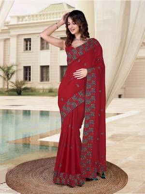  Vichitra Silk Heavy Embroidred work Saree with Unstitched Blouse Piece 1