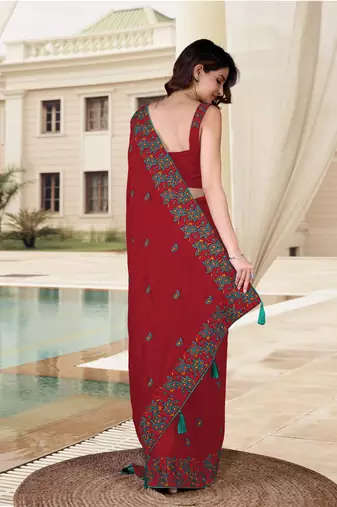 Trendmalls  Vichitra Silk Heavy Embroidred work Saree with Unstitched Blouse Piece