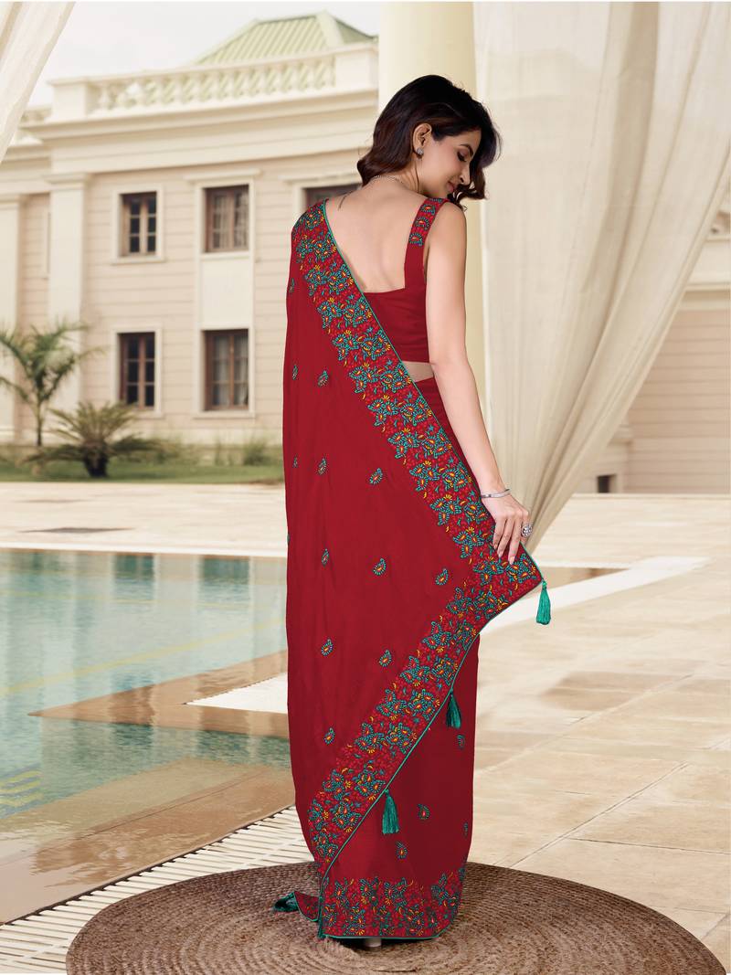  Vichitra Silk Heavy Embroidred work Saree with Unstitched Blouse Piece