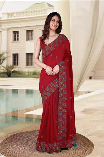Trendmalls  Vichitra Silk Heavy Embroidred work Saree with Unstitched Blouse Piece