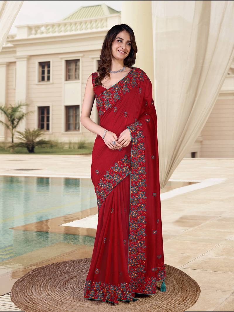  Vichitra Silk Heavy Embroidred work Saree with Unstitched Blouse Piece