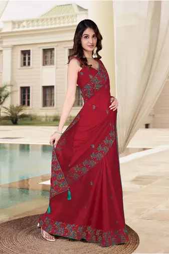 Trendmalls  Vichitra Silk Heavy Embroidred work Saree with Unstitched Blouse Piece