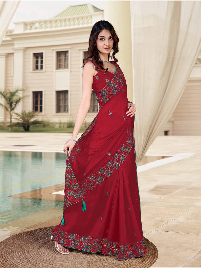  Vichitra Silk Heavy Embroidred work Saree with Unstitched Blouse Piece