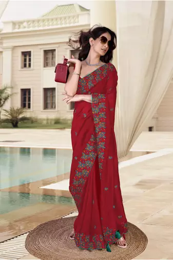 Trendmalls  Vichitra Silk Heavy Embroidred work Saree with Unstitched Blouse Piece