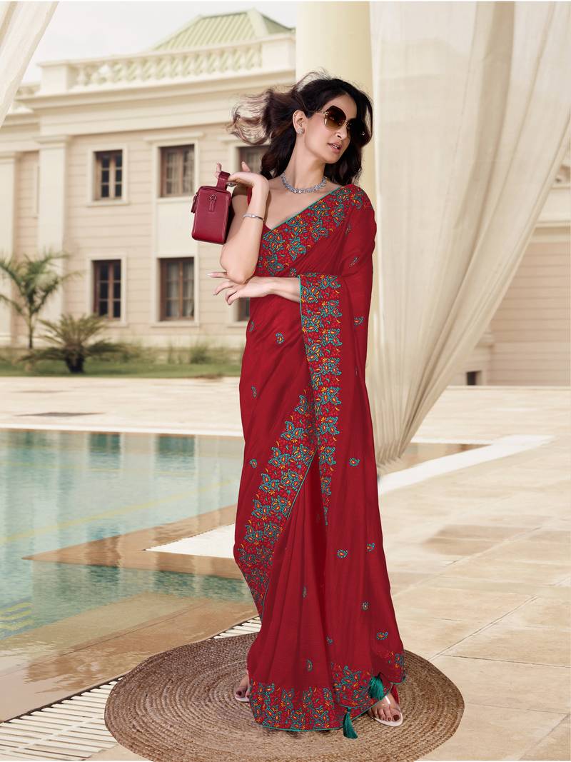  Vichitra Silk Heavy Embroidred work Saree with Unstitched Blouse Piece