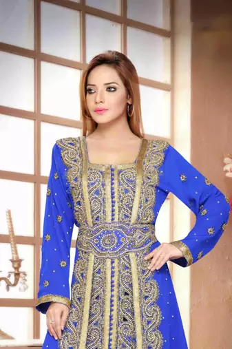 Royal-Blue color Handmade Moroccan Kaftan with hijjab