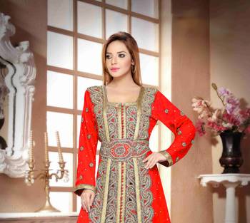 Red color Handmade Moroccan Kaftan  with hijjab 2