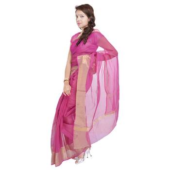 Designer Golden Zari Work Magenta Kota Doria Saree Deepawali Gift 308 2