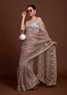 Grey Silver Net Zari Embroidery Saree for Women 1