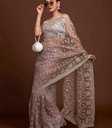Grey Silver Net Zari Embroidery Saree for Women