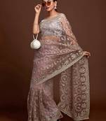 Grey Silver Net Zari Embroidery Saree for Women