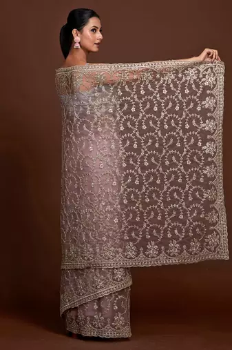 Trendmalls Grey Silver Net Zari Embroidery Saree for Women