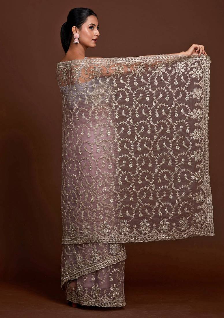 Grey Silver Net Zari Embroidery Saree for Women