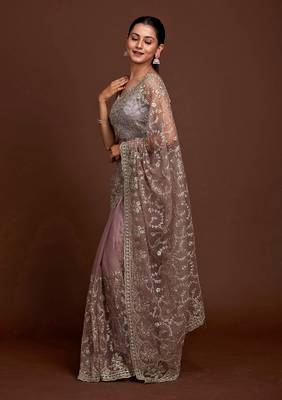 Grey Silver Net Zari Embroidery Saree for Women 3