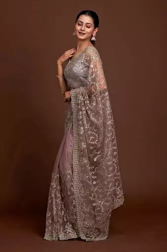 Trendmalls Grey Silver Net Zari Embroidery Saree for Women