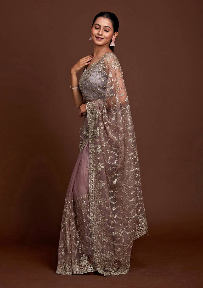 Grey Silver Net Zari Embroidery Saree for Women