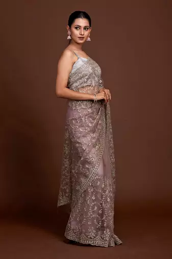 Trendmalls Grey Silver Net Zari Embroidery Saree for Women