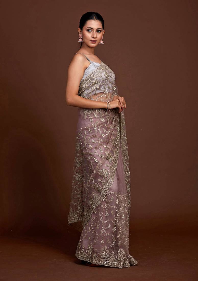 Grey Silver Net Zari Embroidery Saree for Women