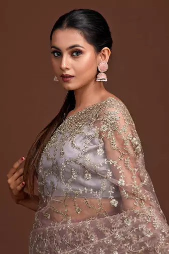 Trendmalls Grey Silver Net Zari Embroidery Saree for Women