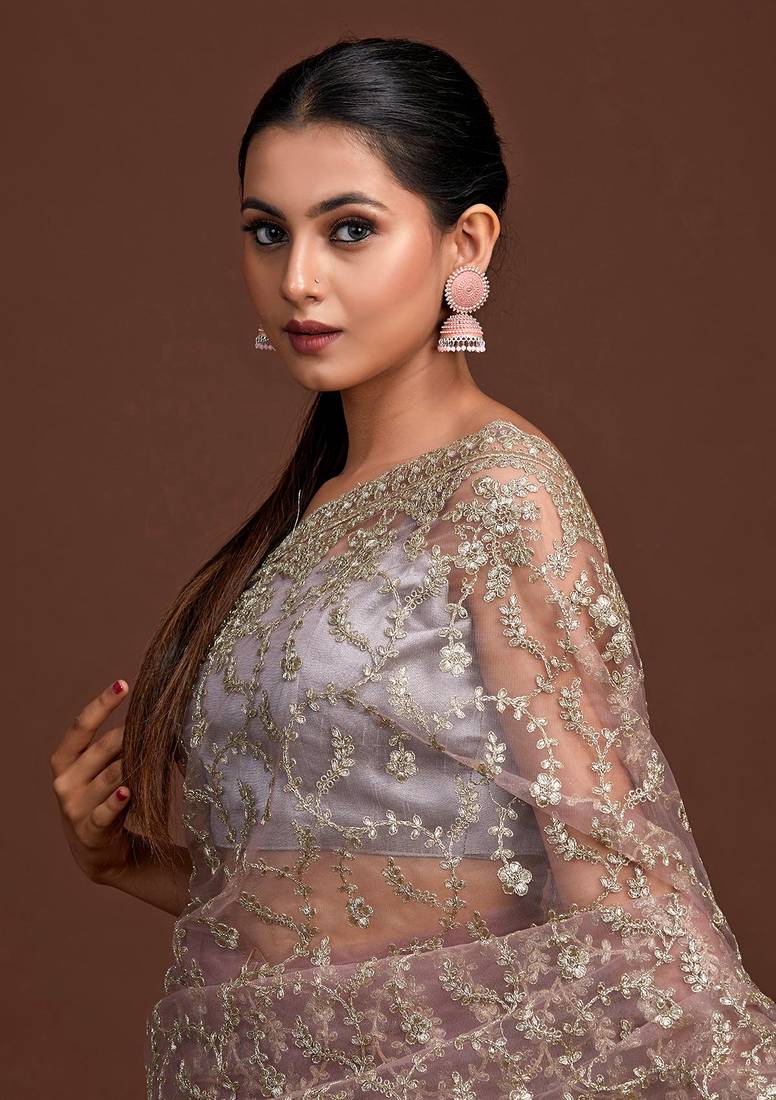 Grey Silver Net Zari Embroidery Saree for Women