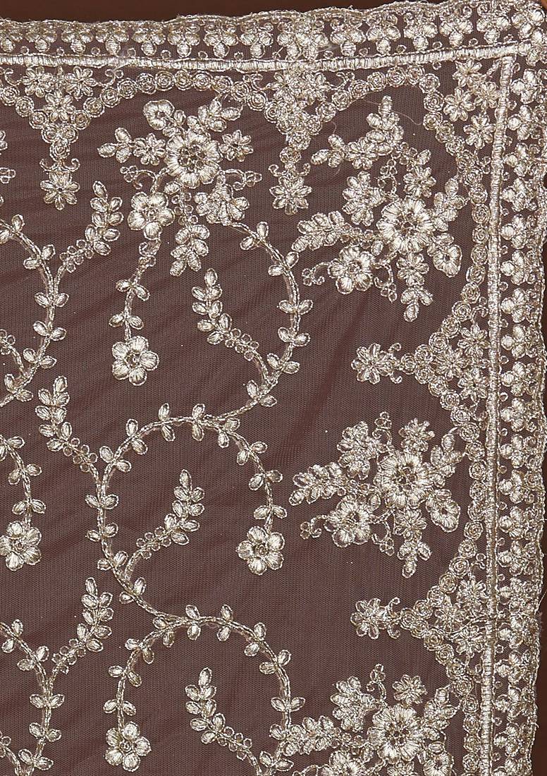 Grey Silver Net Zari Embroidery Saree for Women