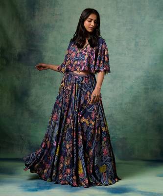 Blue Viscose Georgette Printed Light Lehenga Set 1