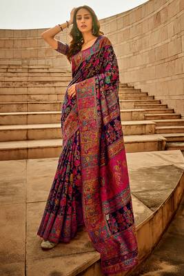 Design Blue Modal Kashmiri Pashmina Silk Bland Woven Saree With Blouse For Women 1