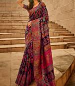 Design Blue Modal Kashmiri Pashmina Silk Woven Saree With Blouse For Women