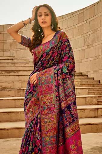 Design Blue Modal Kashmiri Pashmina Silk Bland Woven Saree With Blouse For Women